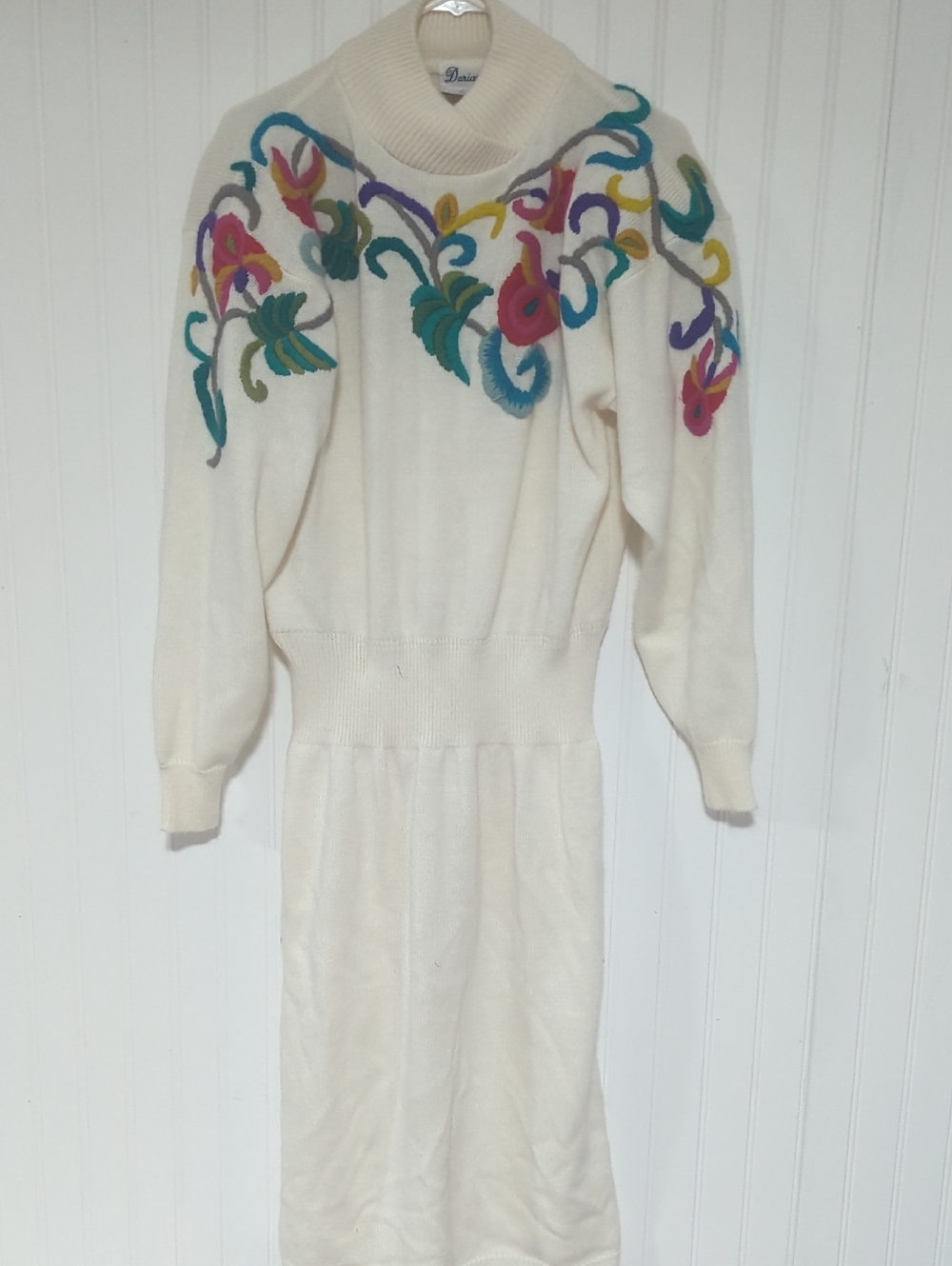 Vintage Darian Acrylic Crewel Embroidered Floral Vine Sweater Dress